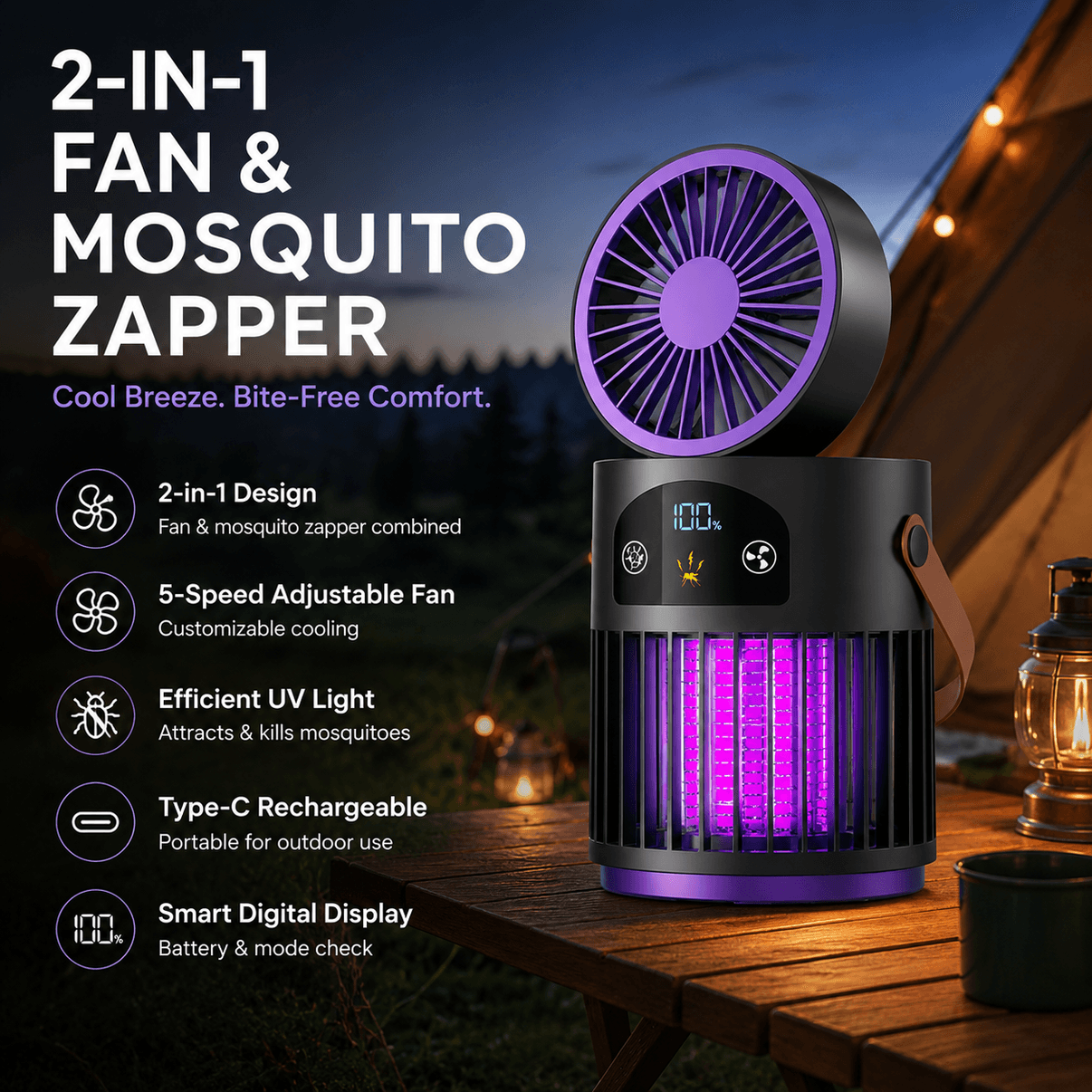 🔥Portable Rechargeable Fan with UV Bug Zapper Light