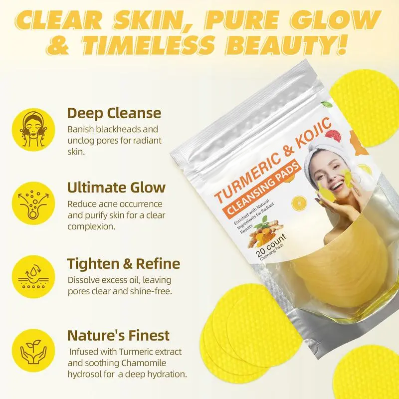 Turmeric & Kojic Acid Cleansing Pads,Gentle Deep Clean Soft Texture FacialSkincare Pads