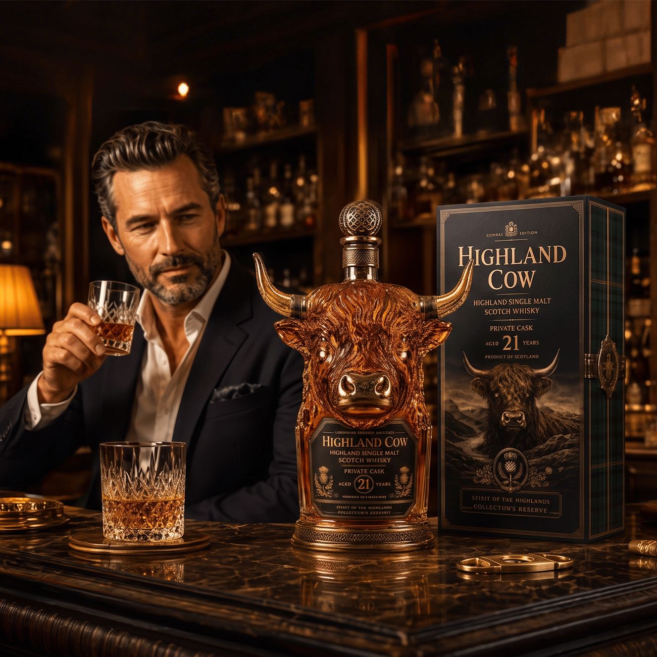 Highland Cow Private Cask 21 Years Cow Head Shaped Scotch Whisky Bottle