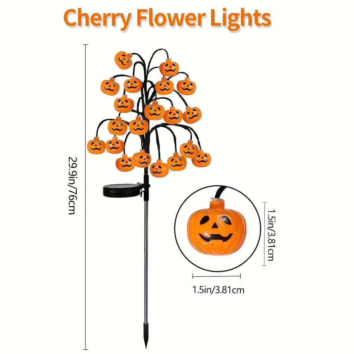Pumpkin solar stake light dimensions showing 29.9 inch height and 1.5 inch pumpkin heads