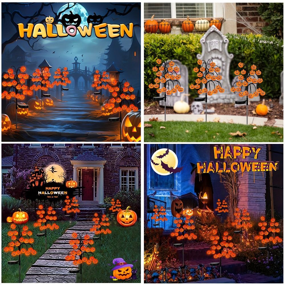 Pumpkin solar stake lights arranged in several Halloween yard displays
