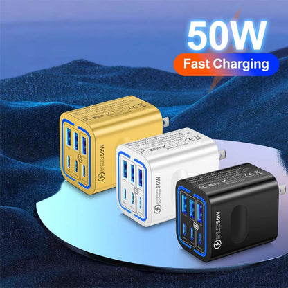 🔋6-Port Travel Charger Adapter – Multi-Interface USB-C Charging Hub for Phones & Devices