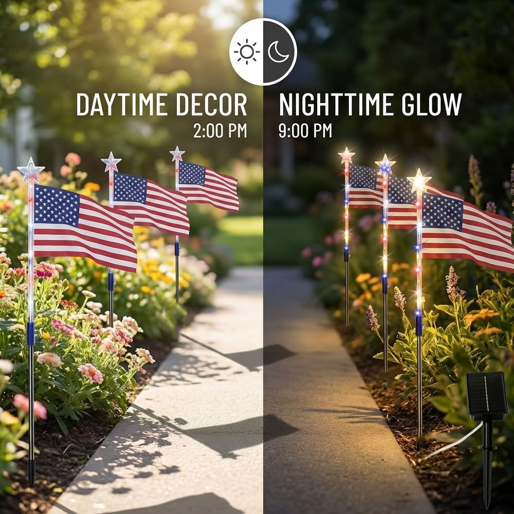 🔥Solar-Powered American Flag Path Lights, 8-pack – Celebrating The 250th Anniversary Of American Independence 🇺🇸✨