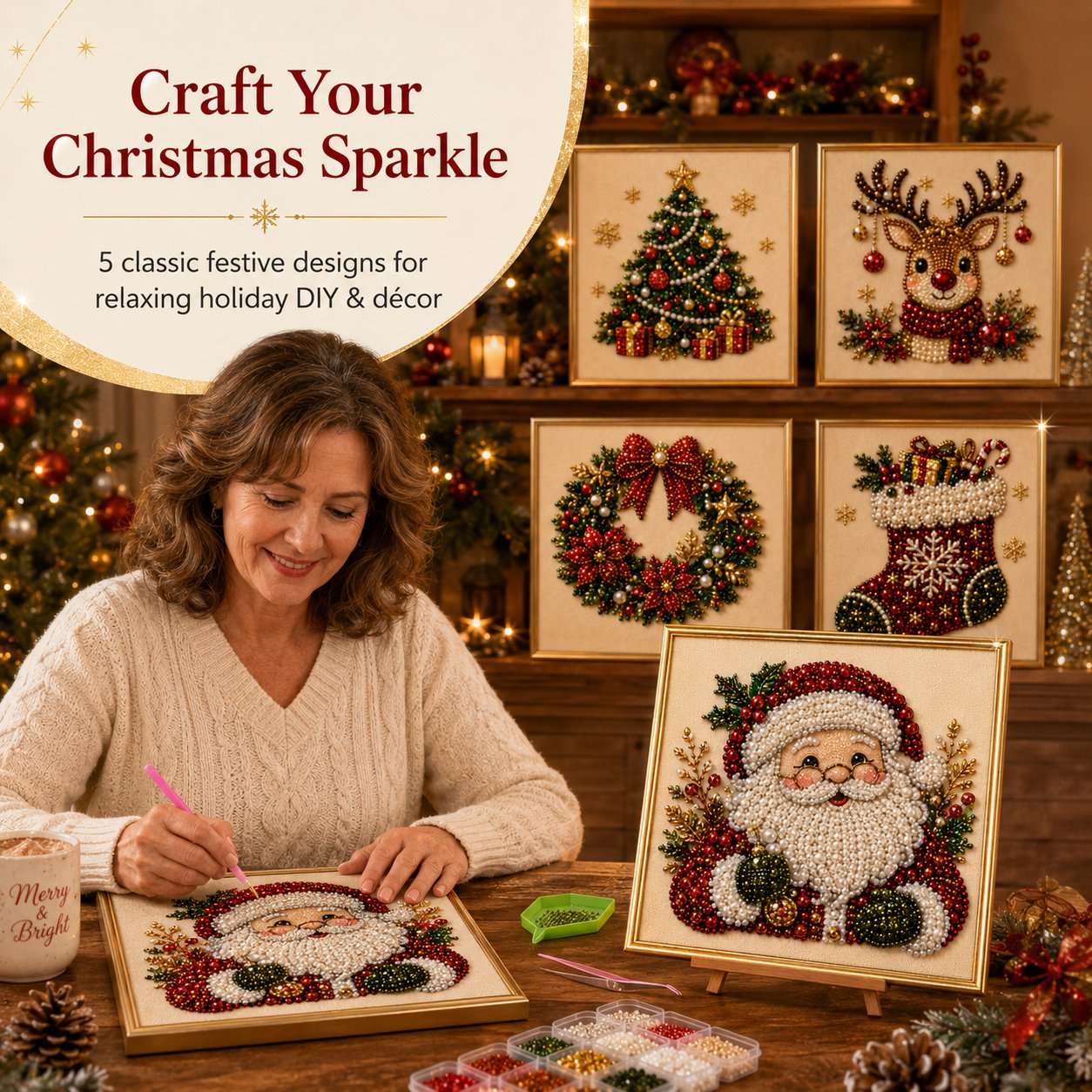 🎅🎄3D Pearl Art Kit – Christmas DIY Craft Set for Kids & Family Creative Fun