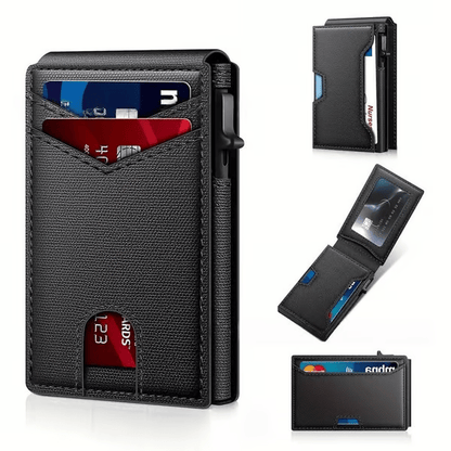 💼🔒Premium Aluminum RFID Blocking Minimalist Wallet for Men – Pop-Up Quick Access Card Holder with ID Window