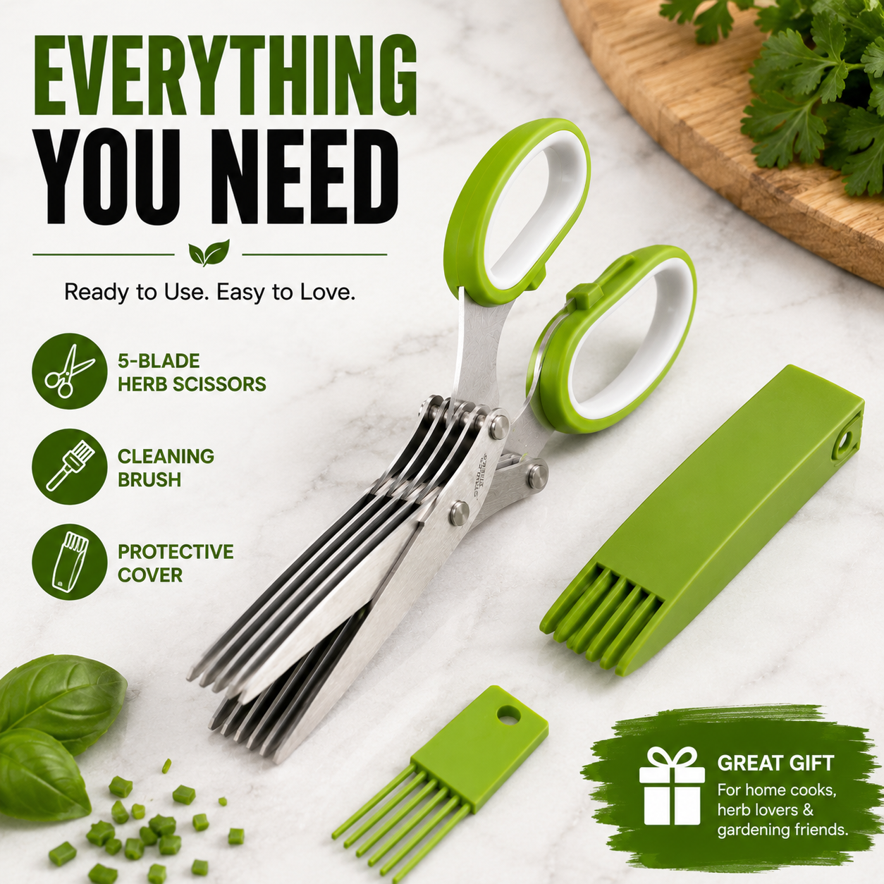 ✂️🌿5-Blade Stainless Steel Herb Scissors with Cleaning Brush & Protective Cover