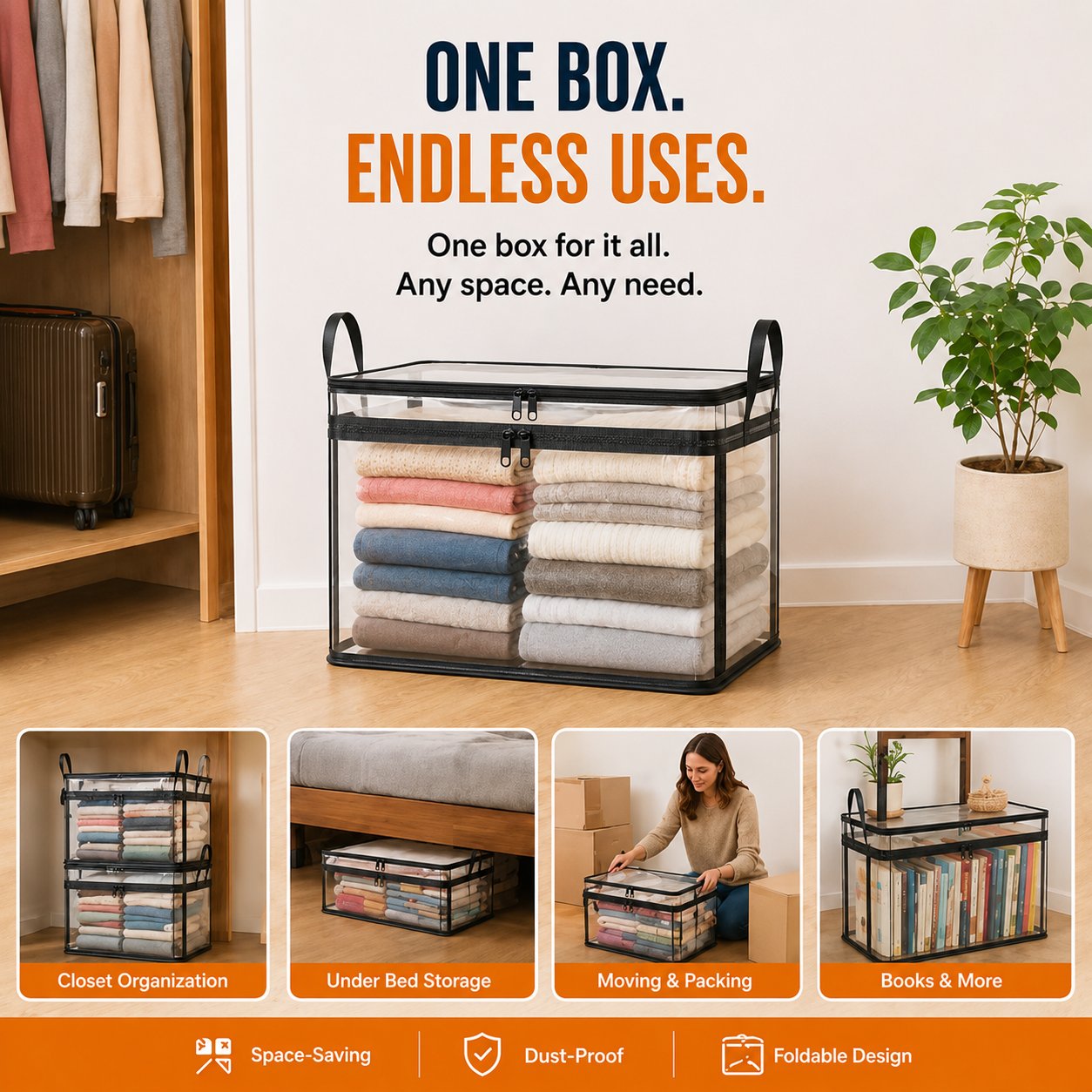 2‑Pack Heavy‑Duty Clear Plastic Storage Box with Hinged Lid