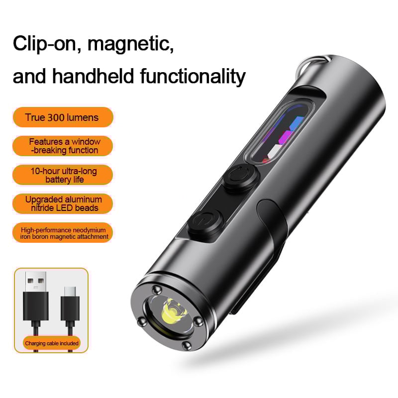 🔦Pocket Rechargeable EDC Flashlight:  Mini Keychain Light with Fire Starter & Window Breaker