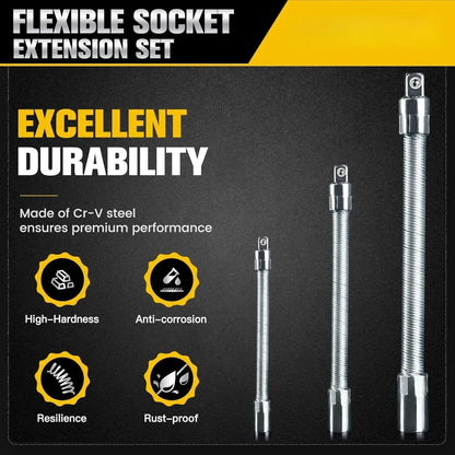 💖1/2-Inch Flexible Socket Extension Set – 35cm Bendable Ratchet Wrench Extenders for Tight Spaces
