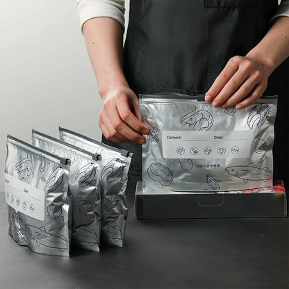 【Refrigerated Food】Reusable Aluminum Foil Sealable Storage Bags, 2026 New Resealable Vacuum Zipper Pouches for Food, Stand Up Foil Sealable Bags with Label and Zip Lock for Vegetable Fruit Meat