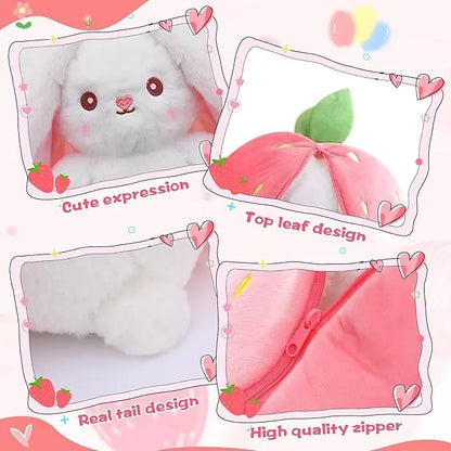 Cute Strawberry Bunny Plush Toy Soft Kawaii Stuffed Animal Gift for Kids Girls Hug Pillow Bed Decoration Birthday Present Furry Friends Plush Doll Animal Gift for Kids