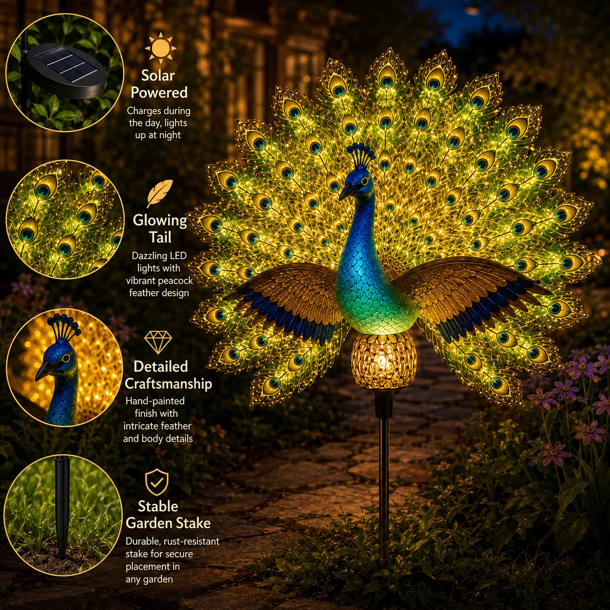 Solar Peacock Garden Sculpture – LED Auto-On, Outdoor Yard Art Decor
