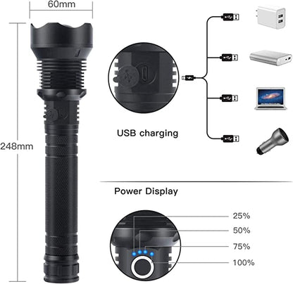 High Lumens Long Tactical Flashlight, Rechargeable Handheld Light