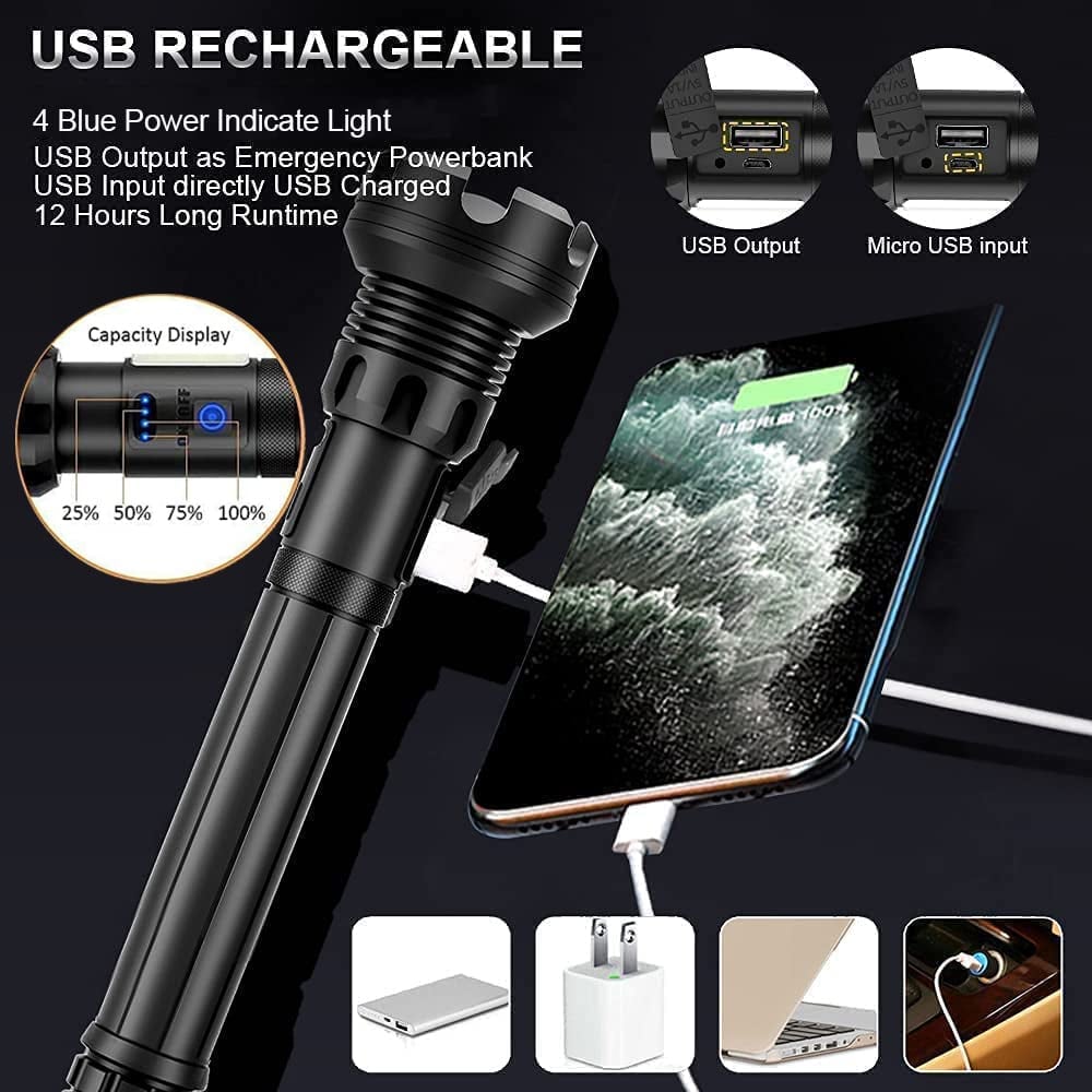 High Lumens Long Tactical Flashlight, Rechargeable Handheld Light