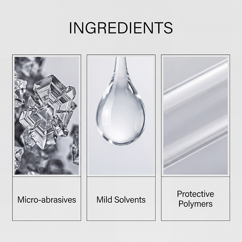 Micro abrasives mild solvents and protective polymers